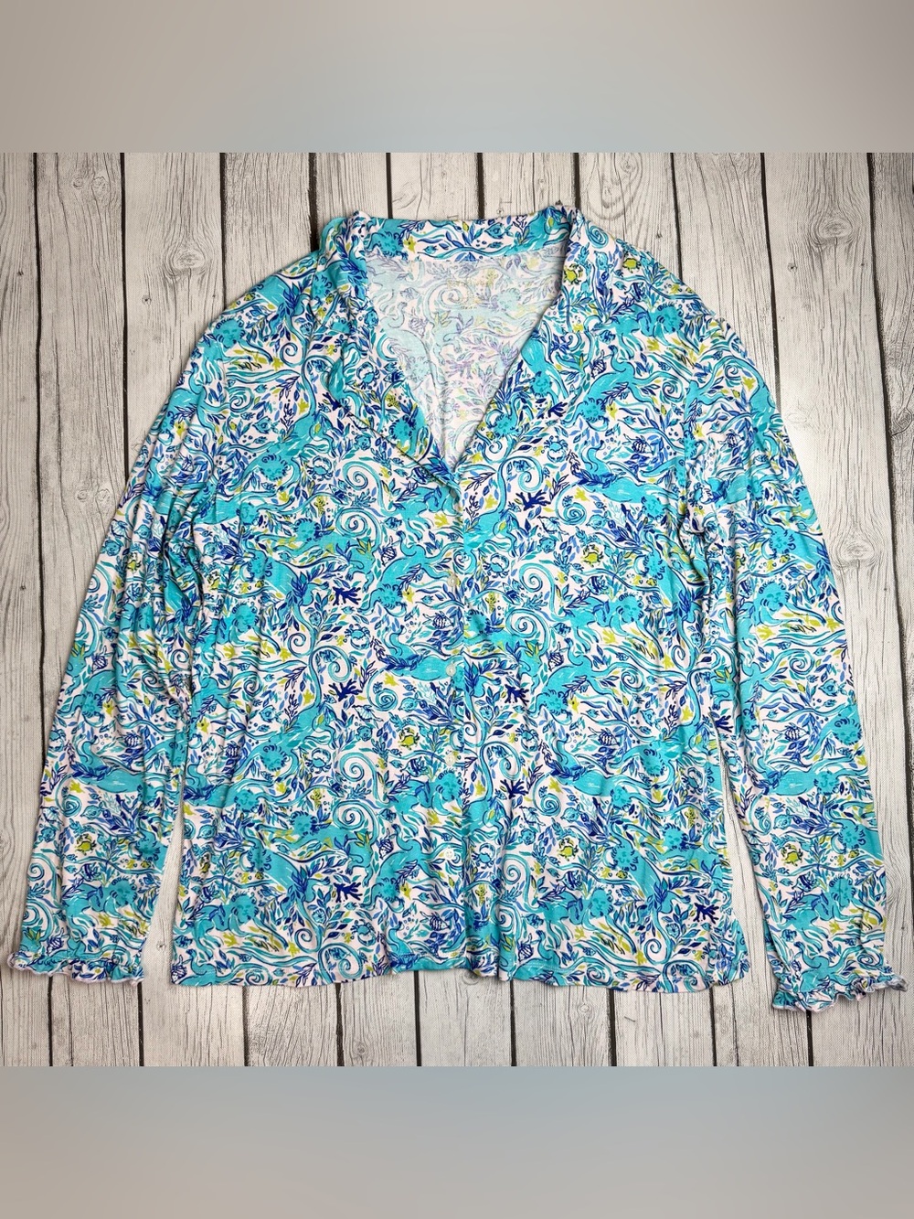 Lilly Pulitzer Women's XL PJ Ruffle Button Up Top Monkey Sea Blue Night Shirt